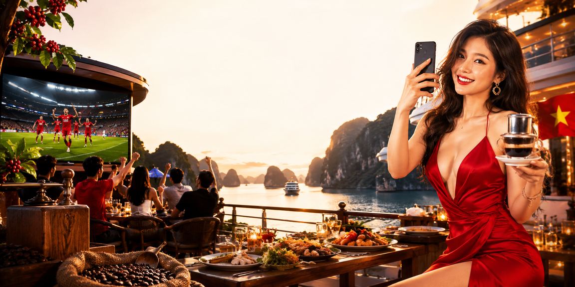 Người dùng ngồi tại quán cà phê gần vịnh Hạ Long theo dõi kết quả cược bóng đá