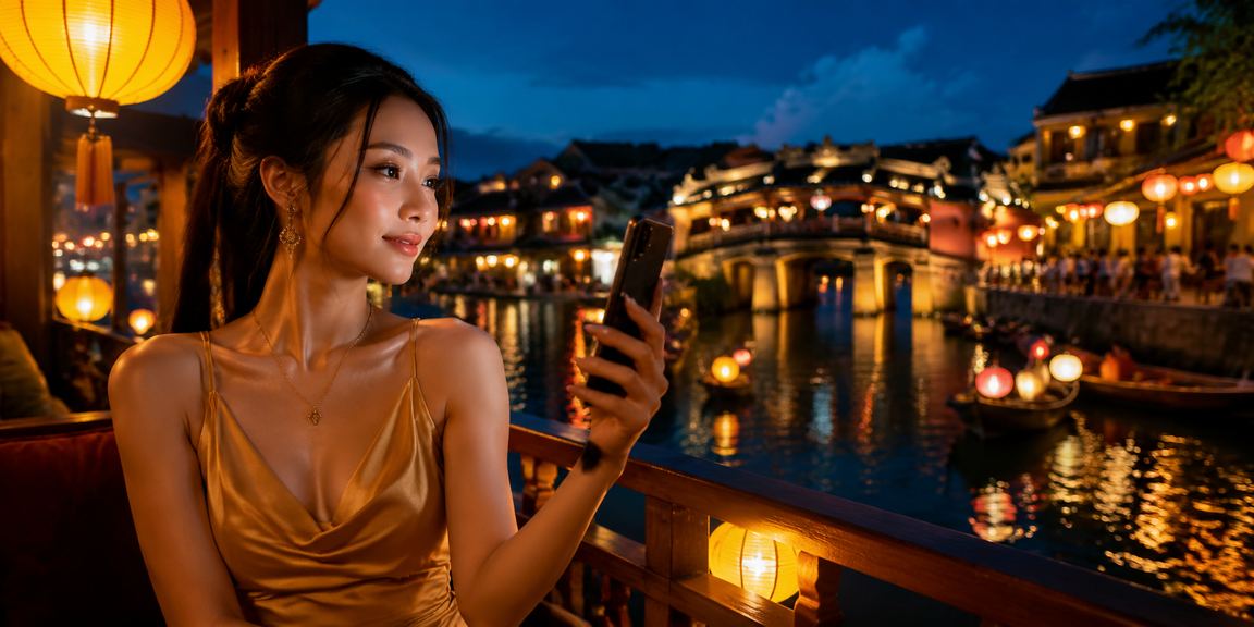 Người dùng cá cược esports và thể thao trên di động tại chợ đêm Hội An