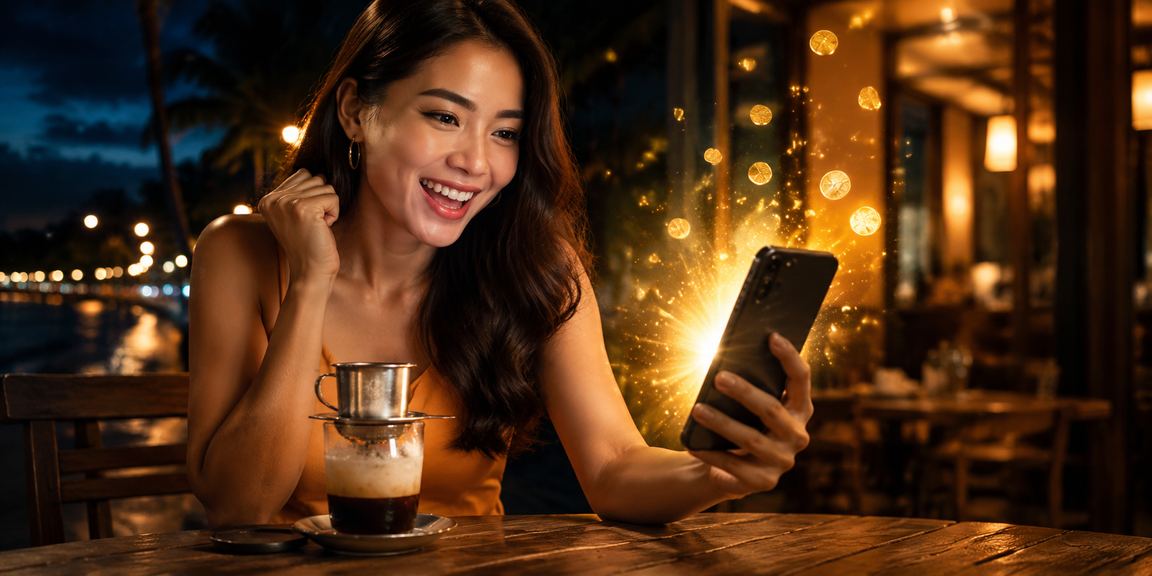 Người dùng tại Mũi Né đăng ký nhận thưởng xổ số và uống cà phê sáng